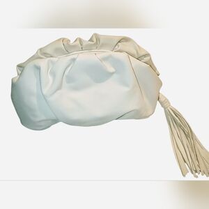 White Half-Moon Ruched Zip Tassel Clutch Bag